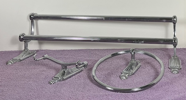 Vintage Frans dubbel metalen handdoekenrek met ring en extra houder met haken