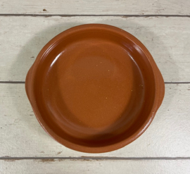 Franse terracotta ronde ovenschotel geel geglazuurd