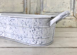 Grote Franse geëmailleerde vintage vispan wit blauw gewolkt