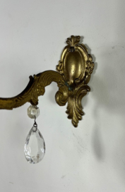 Antiek Frans messing wandlampje met glaspegel