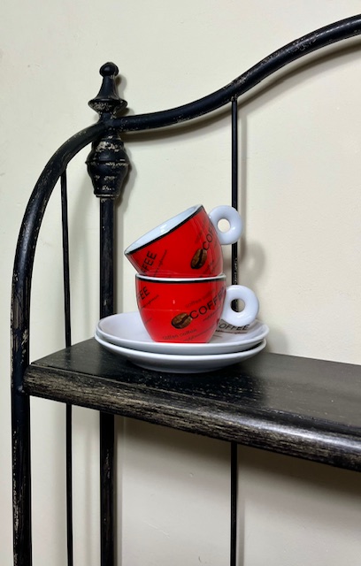 Vintage rood, geel en blauwe espresso kop en schotels (6x)