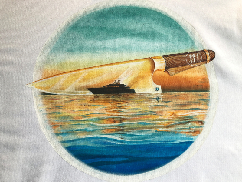 HAND PAINTED T-SHIRT > CHEF'S KNIFE / YACHT /  SUNSET / SEA