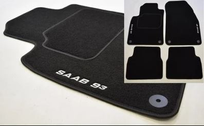 Aanpassingsvermogen emulsie systeem CLASSIC Velours automatten met logo Saab 9-3 II Cabrio (Tapijtkleur::  Zwart,Randtype & kleur:: Zwarte draad genaaide rand,Logo opties & kleur:  Licht grijze logo Flock,Set: Set)