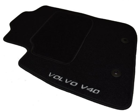 Chaise longue spion aansporing CLASSIC Velours automatten met logo Volvo V40 III 2012- (Tapijtkleur::  Zwart,Randtype & kleur:: Zwarte draad genaaide rand,Logo opties & kleur:  Licht grijze logo Flock,Set: Set)