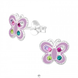 Zilveren kinderoorbellen - Paars  vlindertje