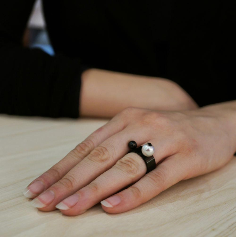 Black Wide + Pearl Stripe + Ball - Small Factory Ring