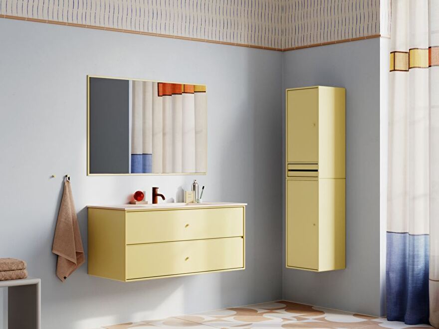 Wastafelmeubel SU1801 in Camomile met een blad in Cream – Smooth, spiegel en kasten in Camomile