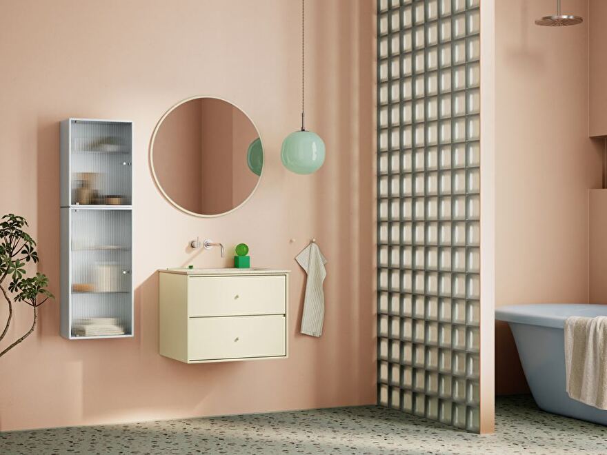 Wastafelmeubel SU1001 in Vanilla met een blad in Beige – Fine grains, spiegel Around en kasten in Oyster