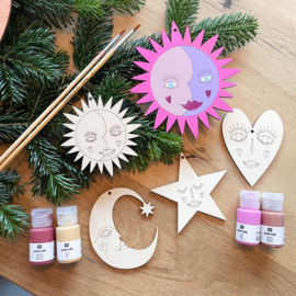 Houten DIY figuur SET - zon maan ster hart