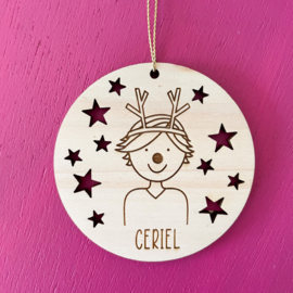 Houten kerstbal met poppetje en kerst accessoires