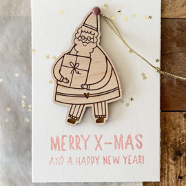 Luxe kerstkaart met houten label - Kerstman