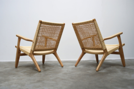 Deense vintage stijl fauteuils massief eiken met gevlochten riet