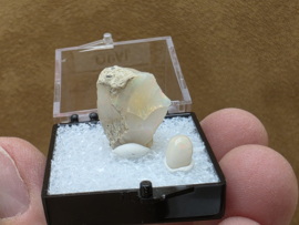 Ethiopisch of welo opaal ruw stukje in doosje met cabochon