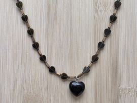 Goud obsidiaan, rookkwarts, hematiet ketting met obsidiaan hanger
