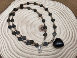 Goud obsidiaan, rookkwarts, hematiet ketting met obsidiaan hanger