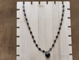 Goud obsidiaan, rookkwarts, hematiet ketting met obsidiaan hanger