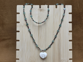 Aventurijn, granaat, robijn in zoisiet en shiva eye ketting met armband