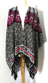 Sarong vest pauw, zwart/multi. Symbool van onsterflijkheid. 100% rayon, met sarong knoop.