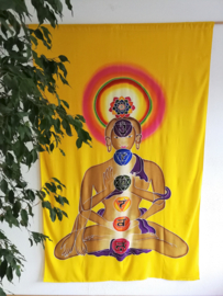 Wandkleed met de zes armige Boeddha van Compassie. Avalokiteshvara is de Boeddha van het grote mededogen, van de oneindige compassie met alle levende wezens. 1.75 bij 1.15 m. Met brede tunnel voor bevestiging ophangmateriaal.