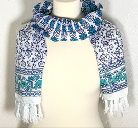 Sarong pauw, wit/blauw/zeegroen-turkoois.  Symbool van onsterfelijkheid.