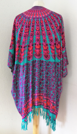 Sarong vest pauw, flamingo/multi. Symbool van onsterflijkheid. 100% rayon, met sarong knoop.