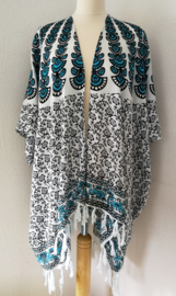 Sarong vest pauw, blauw./zwart/wit. Symbool van onsterflijkheid. 100% rayon, met sarong knoop.