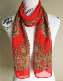 Sjaaltje van voile crepe rood. 155 x 50 cm. Met prachtig batik motief.