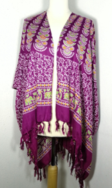 Sarong vest pauw aubergine/multi. Symbool van onsterflijkheid. 100% rayon, met sarong knoop.