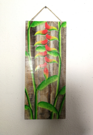 Houten wandpaneel Heliconia (Lobsters Claw). 30,5 x 30,5 x 4 cm. Handwerk uit Ubud, geschilderd op juthout.