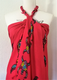 Sarong Bali Turtle rood. Symbool voor een lang leven, kracht en betrouwbaarheid. 115 x 160 cm. 100% rayon (kunstzijde) wasbaar op 30 graden.  Met sarongknoop.