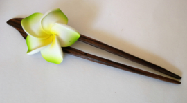 Knot speld. Bali palisander hout met groene frangipani bloem. 19 cm lang.