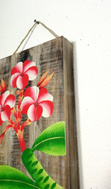 Houten wandpaneel  Frangipani rood/wit. 30,5 x 30,5 x 4 cm. Handwerk uit Ubud, geschilderd op juthout.