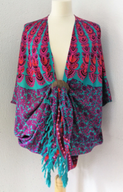 Sarong vest pauw, flamingo/multi. Symbool van onsterflijkheid. 100% rayon, met sarong knoop.