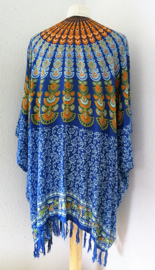 Sarong vest pauw, blauw tinten/olijf/oranje. Symbool van onsterflijkheid. 100% rayon, met sarong knoop.