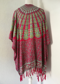 Sarong vest pauw, rood/mint/multi. Symbool van onsterflijkheid. 100% rayon, met sarong knoop.