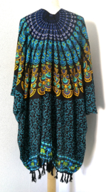 Sarong vest pauw, zwart/oker/blauw.  Symbool van onsterflijkheid. 100% rayon, met sarong knoop.