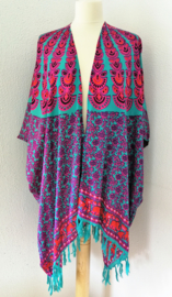 Sarong vest pauw, flamingo/multi. Symbool van onsterflijkheid. 100% rayon, met sarong knoop.