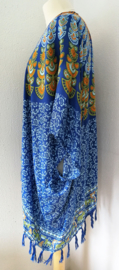 Sarong vest pauw, blauw tinten/olijf/oranje. Symbool van onsterflijkheid. 100% rayon, met sarong knoop.