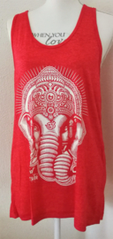 Lord Ganesha hemdje/tanktop rood. Lang model, met wijde armsgaten. Met gedrukte print. Bovenwijdte 110 cm. Lengte 75 cm. Heren maat One Size.