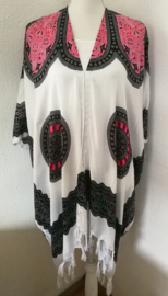 Sarong vest Mandala 'Circle of Life', wit/flamingo/zwart. 100% rayon, met sarong knoop.