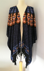Sarong vest pauw, zwart/nachtblauw/oranje. Symbool van onsterfelijkheid. 100% rayon, met sarong knoop.