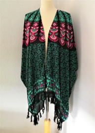 Sarong vest pauw, groen/zwart/multi. Symbool van onsterfelijkheid. 100% rayon, met sarong knoop.