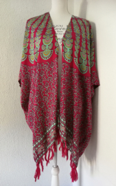 Sarong vest pauw, rood/mint/multi. Symbool van onsterflijkheid. 100% rayon, met sarong knoop.