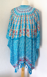 Sarong vest pauw, rood/wit/blauw/oker. Symbool van onsterfelijkheid. 100% rayon, met sarong knoop.