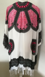 Sarong vest Mandala 'Circle of Life', wit/flamingo/zwart. 100% rayon, met sarong knoop.