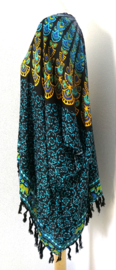 Sarong vest pauw, zwart/oker/blauw.  Symbool van onsterflijkheid. 100% rayon, met sarong knoop.