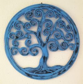 Tree of life vintage zachtblauw. Schitterend Balinees houtsnijwerk. Diameter 40 cm. Met ophanghaakje.