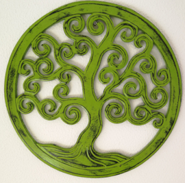 Tree of life vintage groen. Schitterend Balinees houtsnijwerk. Diameter 40 cm. Met ophanghaakje.