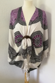 Sarong vest Mandala 'Circle of Life', gebroken wit- paars/zwart. 100% rayon, met sarong knoop.