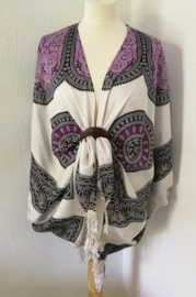 Sarong vest Mandala 'Circle of Life', gebroken wit- paars/zwart. Maat 36 t/m 50.